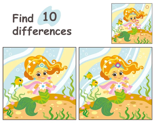 stock vector Educational game for children. Find 10 differences with template. Cute cartoon happy mermaid in underwater world. Vector illustration for children workbooks, print, decorations and design.