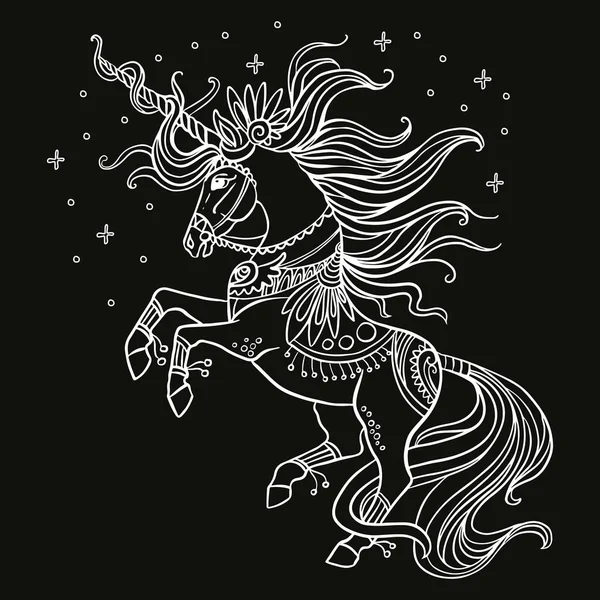 星のついた装飾的なユニコーン 魔法の馬抽象ベクトルイラスト黒の背景に隔離された白い輪郭 デザイン タトゥー Tシャツデザインのために — ストックベクタ