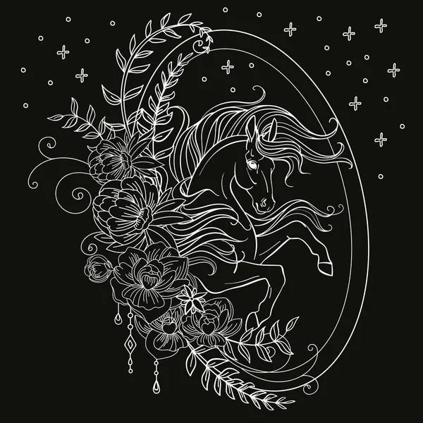 Unicorn Dekoratif Dalam Bingkai Oval Bunga Gambar Magis Vektor Kuda - Stok Vektor