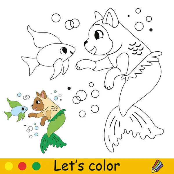 Słodki Kot Syrena Ryba Ilustracja Kreskówki Wektora Kolorowanki Dla Dzieci — Wektor stockowy