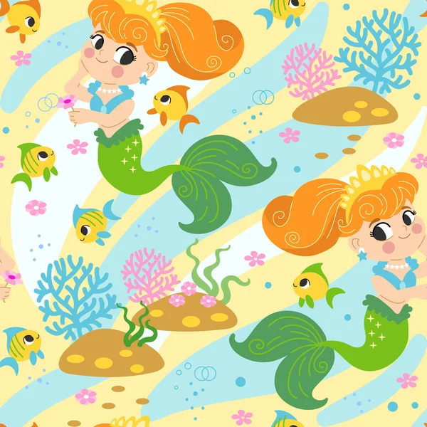 stock vector Seamless childish pattern with cute happy mermaids in underwater world. Vector illustration flat style. Creative kids texture for design, print, linen, fabric, wrapping, textile, wallpaper and apparel