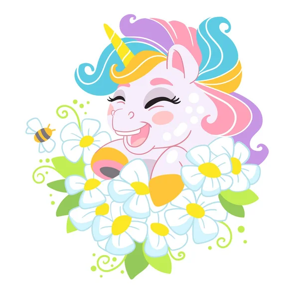 Cute Cartoon Character Laughing Unicorn Flowers Rainbow Mane Vector Isolated — Stock Vector