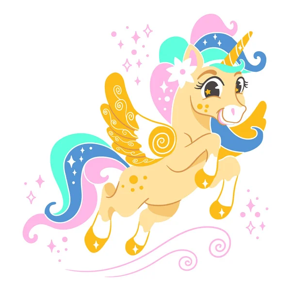 Cute Cartoon Character Yellow Unicorn Wings Long Mane Tail Vector — Stock Vector