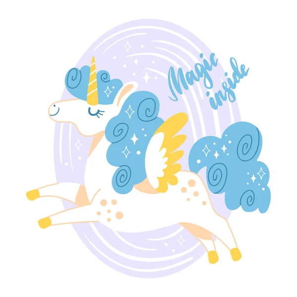 Cute Cartoon Character Unicorn Curly Blue Mane Tail Vector Isolated — Stock Vector