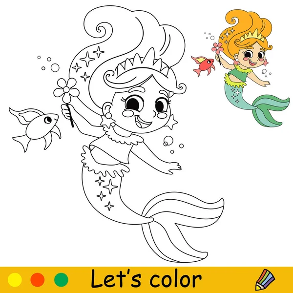 Niedliche Und Glückliche Kleine Meerjungfrau Und Ein Fisch Vector Cartoon — Stockvektor