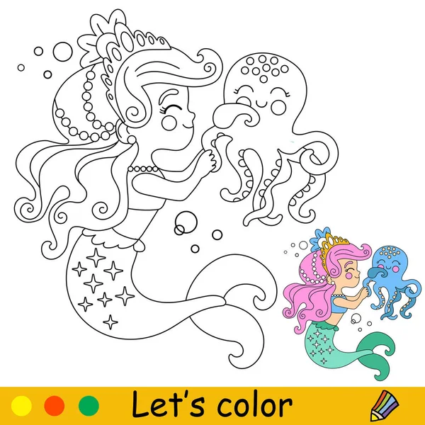 Leuke Gelukkige Kleine Zeemeermin Een Octopus Vector Cartoon Zwart Wit — Stockvector
