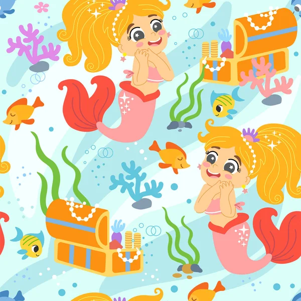 stock vector Seamless childish pattern with cute happy mermaid and treasure chest. Vector illustration flat style. Creative kids texture for design, print, linen, fabric, wrapping, textile, wallpaper and apparel