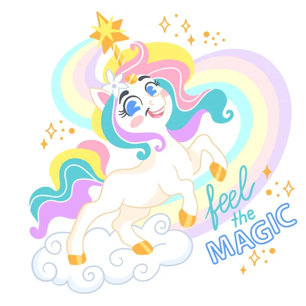 Cute Cartoon Character Unicorn Star Rainbow Mane Lettering Feel Magic — Stock Vector
