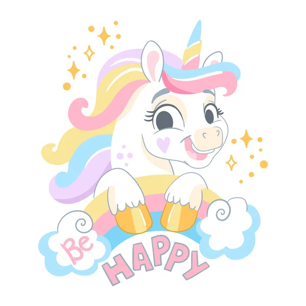 Cute Cartoon Character Unicorn Rainbow Lettering Happy Vector Isolated Illustration — Stock Vector