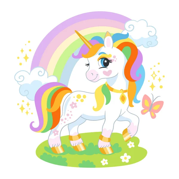 Carino Personaggio Dei Cartoni Animati Unicorno Con Arcobaleno Prato Fiorito — Vettoriale Stock
