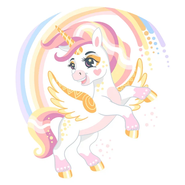 Cute Cartoon Character Magic Unicorn Wings Rainbow Vector Illustration Isolated — Stock Vector