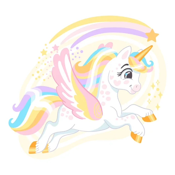 Cute Cartoon Character Unicorn Wings Long Mane Rainbow Vector Illustration — Stock Vector