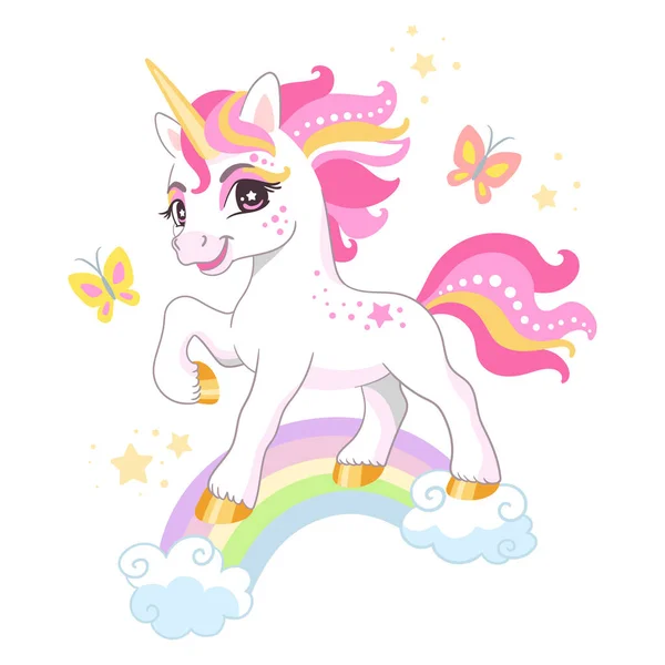 Carino Personaggio Dei Cartoni Animati Unicorno Correre Sopra Arcobaleno Illustrazione — Vettoriale Stock