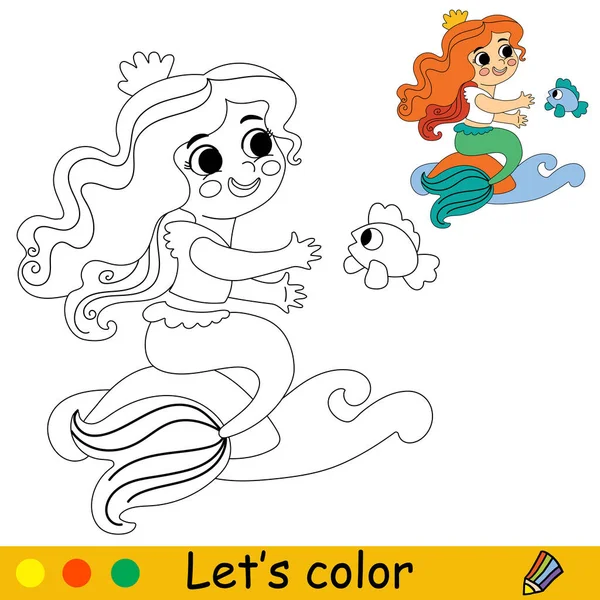 stock vector Cute and happy little mermaid and a fish. Vector cartoon black and white illustration. Kids coloring page with a color sample. For print, design, poster, sticker, card, decoration and t shirt design