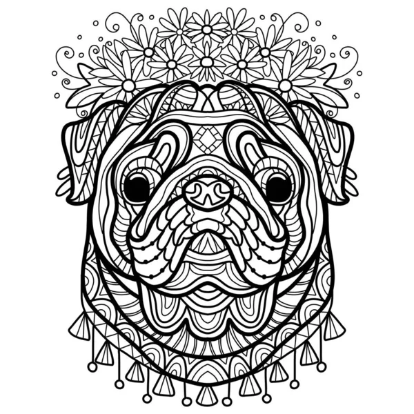 Абстрактная Собака Декоративными Орнаментами Элементами Дудла Закройте Голову Мопса Векторная — стоковый вектор