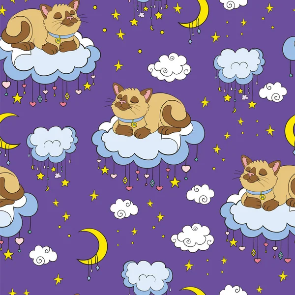 Seamless Pattern Cute Cartoon Sleepy Thai Cat Clouds Vector Illustration — Stock Vector