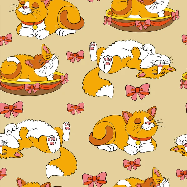 Seamless Pattern Cute Cartoon Sleepy Ginger Cats Baws Vector Illustration — Stock Vector