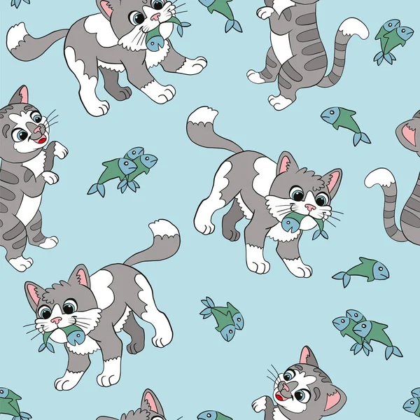 Seamless Pattern Cute Cartoon Jolly Cats Fishes Vector Illustration Blue — Stock Vector
