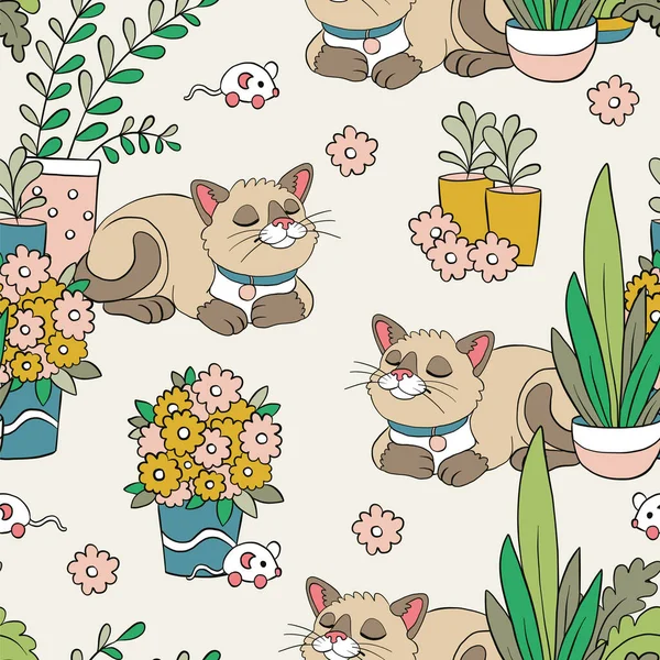 Seamless Pattern Cute Cartoon Sleepy Cats House Plants Vector Illustration — Stock Vector