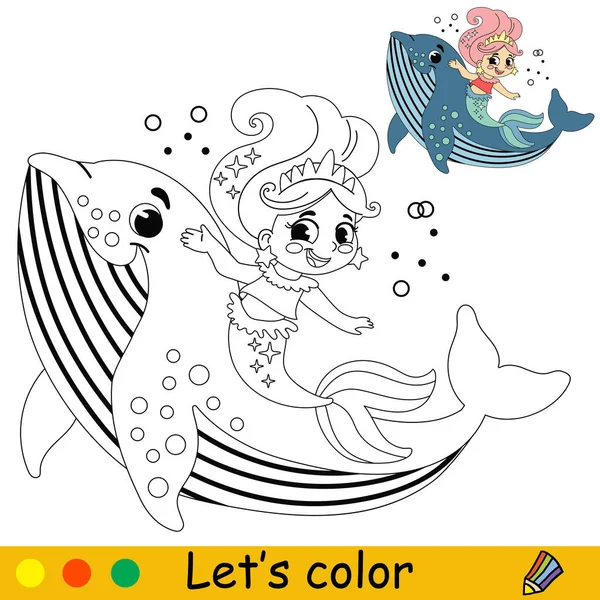 Niedliche Und Glückliche Kleine Meerjungfrau Mit Einem Wal Vector Cartoon — Stockvektor