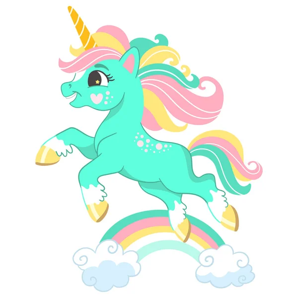 Cute Cartoon Character Happy Green Unicorn Rainbow Vector Illustration Isolated — Stock Vector