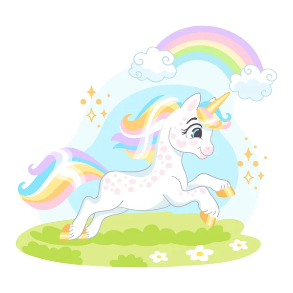 Cute Unicorn Running Flower Meadow Vector Illustration Isolated White Background — Stock Vector