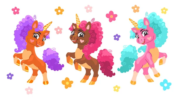 Set Dari Tiga Karakter Kartun Sute Unicorn Dengan Bunga Ilustrasi - Stok Vektor
