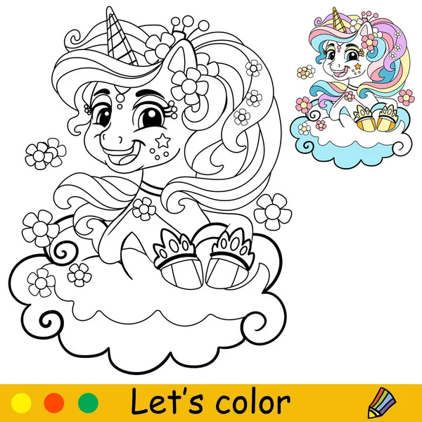 Dibujos Animados Lindo Unicornio Sentado Nube Libro Para Colorear Página — Vector de stock