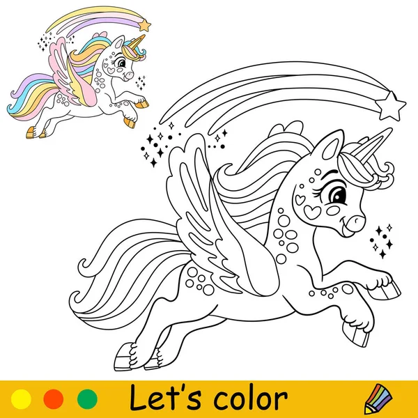 Cartoon Cute Unicorn Berjalan Dengan Komet Halaman Buku Mewarnai Karakter - Stok Vektor