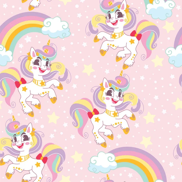 Seamless Vector Pattern Cute Cartoon Unicorns Rainbows Stars Pink Background — Stock Vector