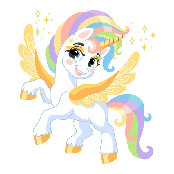 Cute Cartoon Character Happy Magic Unicorn Golden Wings Rainbow Mane — Stock Vector
