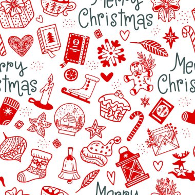 Karalama tarzında Noel elementleri olan kusursuz desenler, ren geyikleri, hediyeler. Beyaz üzerine kırmızı çizgi. Vektör çizimi. Kış dönemi. Tebrik kartları, baskı, tasarım, kumaş