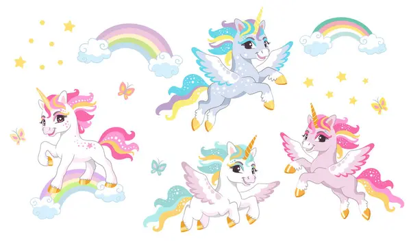 Collection Cute Cartoon Flying Unicorns Stars White Background Stickers Pack — Stock Vector