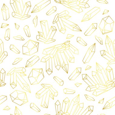 Vector seamless white background with linear gold crystals, diamonds, gems, jewels. Golden holiday texture for greeting card, banner, poster, flyer, party invitation, packaging, wrapping paper clipart