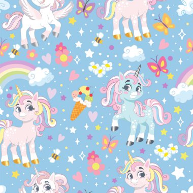 Seamless vector pattern with cute unicorns, rainbows and magic elements on a blue background. For textiles, wallpapers or prints, party, baby shower, design, decor, linen, dishes, apparel and fabric clipart
