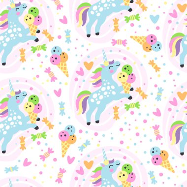 Seamless vector pattern with doodle unicorns, ice cream and candy on a white background. For textiles, wallpapers or prints, party, baby shower, design, decorations, linen, dishes, apparel and fabric clipart