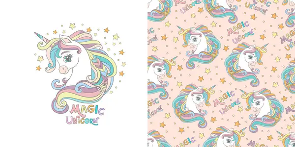 stock vector Magic cute head of unicorn with stars. Isolated character and seamless background. Vector illustration. For party, print, baby shower, wallpaper, design, design cushion, linen, dishes, clothes