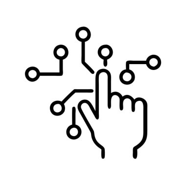 El, teknolojiyi ve yeniliği sembolize eden dijital bir devre ile etkileşime girer..