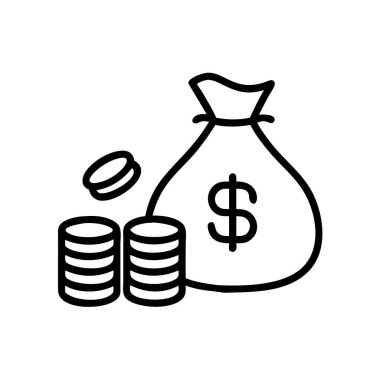 Para çantası ve sikkelerin basit siyah çizgisi çizimi.