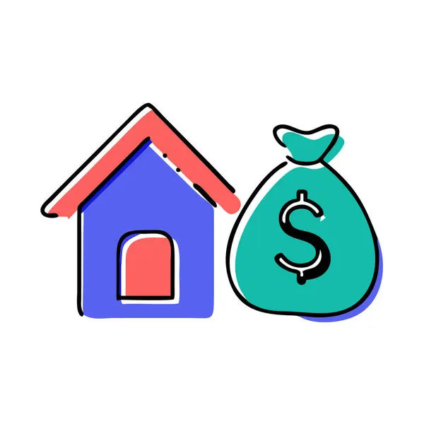 Gayrimenkul yatırımını temsil eden bir ev ve para çantasının karikatür çizimi.