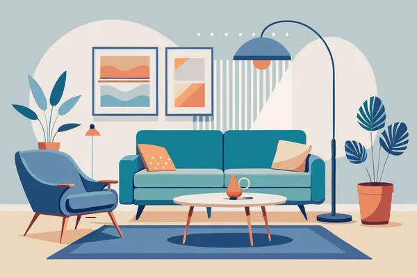 Şık deniz mavisi ve mavi oturma odası iç tasarım konsepti.