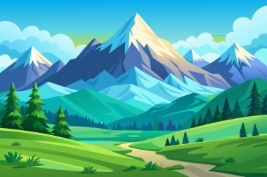 Yeşil ağaçları, tepeleri ve dağları olan dağ manzarası, vektör illüstrasyonu