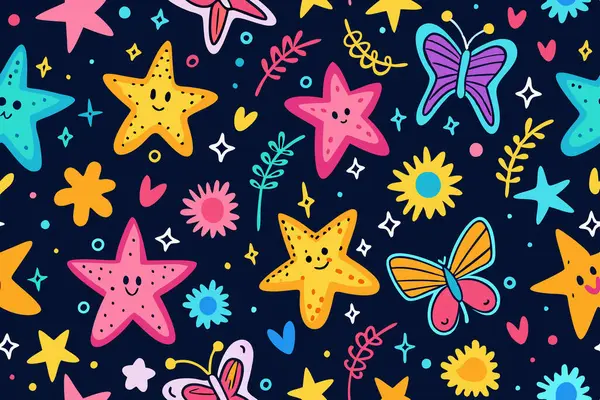 Şirin çizgi film yıldızları, çiçekler ve yıldızlarla kusursuz bir desen. vektör illüstrasyonu.