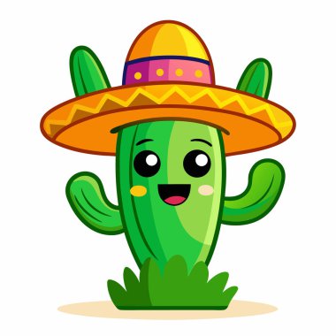 Sombrero 'nun içinde el sallayan sevimli bir kaktüs çizgi filmi..