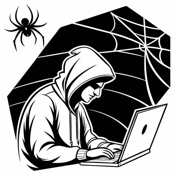 Bilgisayar korsanı bilgisayarı çalıyor. Hacker ve laptop bir hacker 'ın elinde. İnternet korsanlığı. Vektör çizimi. beyaz üzerine izole