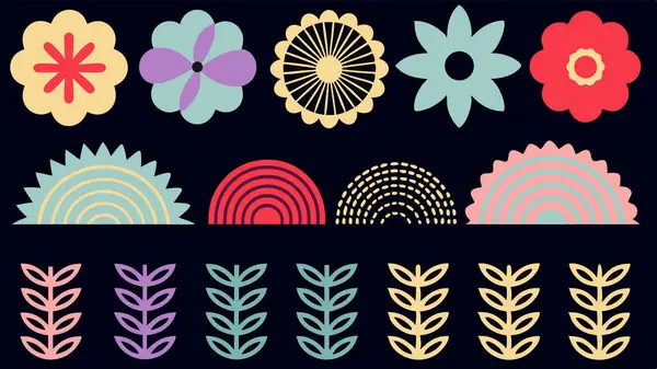 Koyu bir arka planda renkli soyut çiçek ve bitki tasarım elementleri.