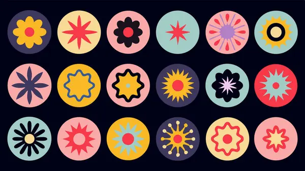 Koyu arkaplanda canlı dairesel çiçek simgeleri.