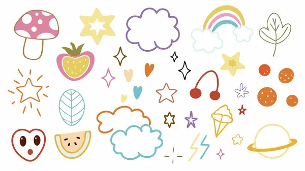 Çocuklar için renkli, elle çizilmiş karalama simgeleri koleksiyonu.