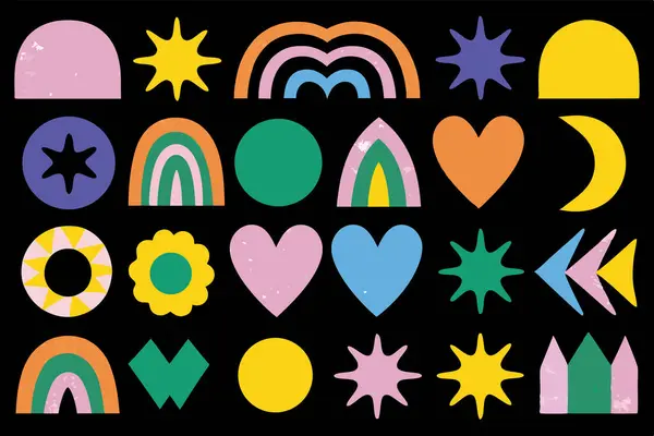 Siyah arkaplanda renkli soyut şekiller koleksiyonu.