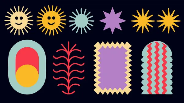 Karanlık bir arkaplana karşı canlı soyut şekiller ayarlandı.